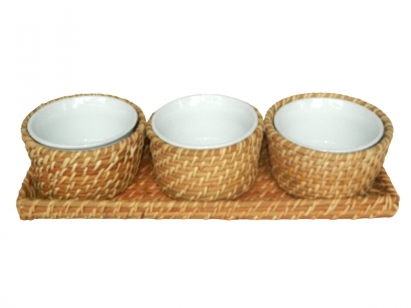 Top-tier Ceramic and Rattan Dip Bowl Set with Tray